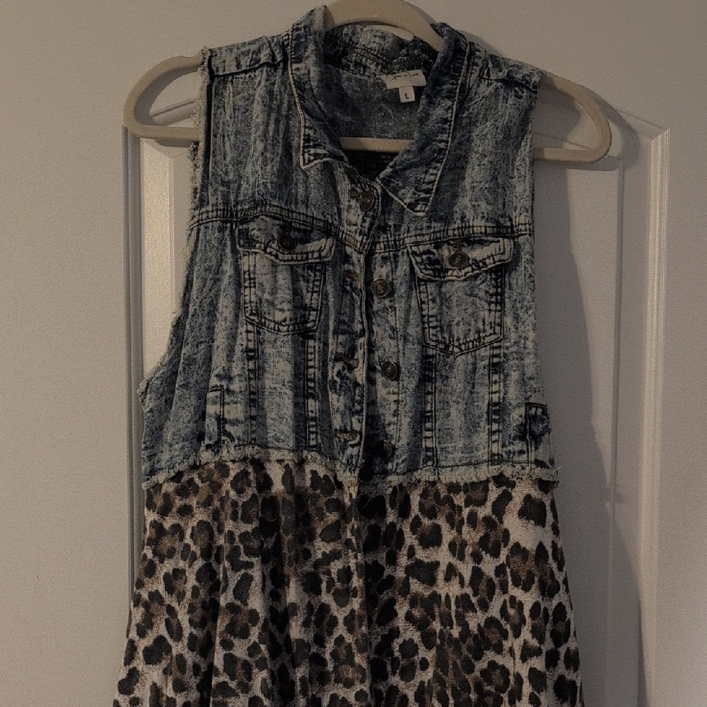 Denim and Leopard Print Maxi Vest
